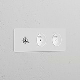 Triple toggle switch panel with 2 Type E sockets, polished nickel white, paintable for decor integration.