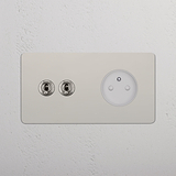 Sleek polished nickel white double socket with 2x toggle switches and a French module round outlet.