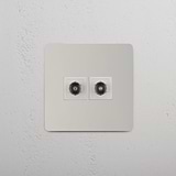 Dual TV Signal Accessory: Polished Nickel White Single 2x TV Module on White Background