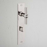 Harper T-Bar Long Plate Sprung Door Handle & Thumbturn Polished Nickel Finish on White Background at an Angle