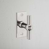 Harper T-Bar Short Plate Sprung Door Handle Polished Nickel Finish on White Background at an Angle