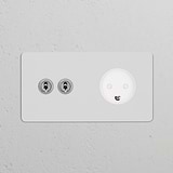 White wall outlet with Double 2x Toggle Switch and Danish Type K module, paintable polished nickel white finish.
