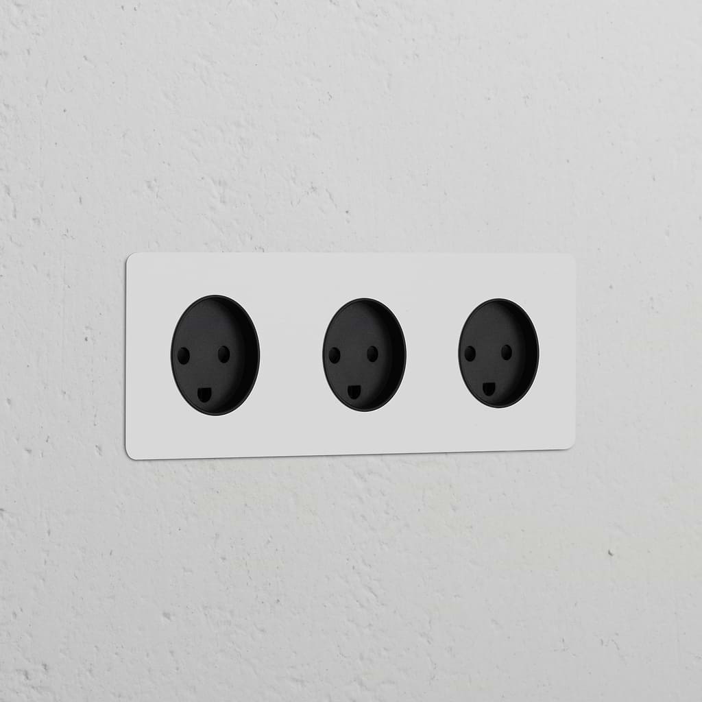 Triple 3x Danish Type K Power Module Round Paintable Black, triple sockets for versatile and stylish power solutions.