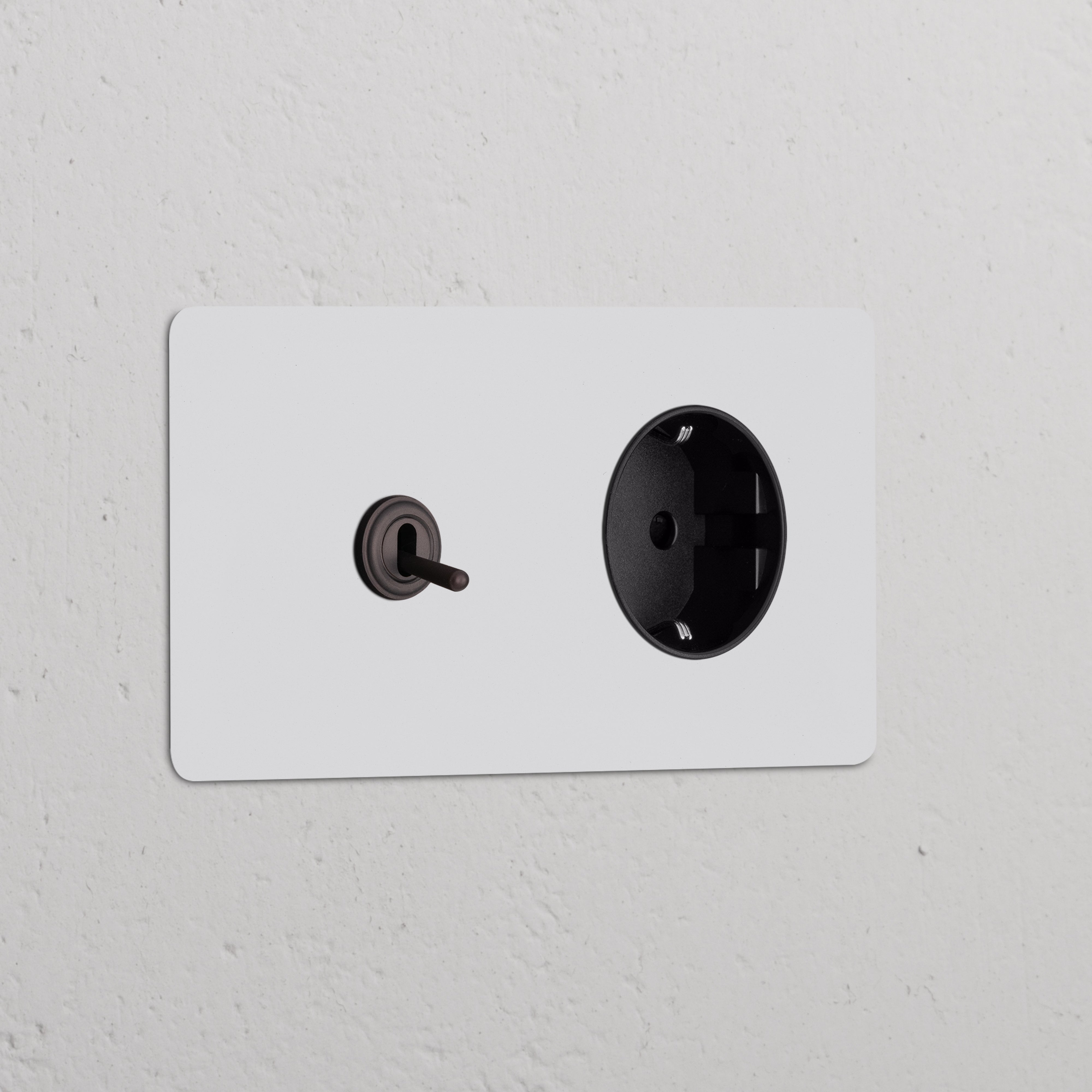 Paintable bronze black double toggle switch and Schuko Type F power module round on a white textured wall.