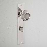 Poplar Long Plate Sprung Door Knob & Thumbturn Polished Nickel Finish on White Background at an Angle