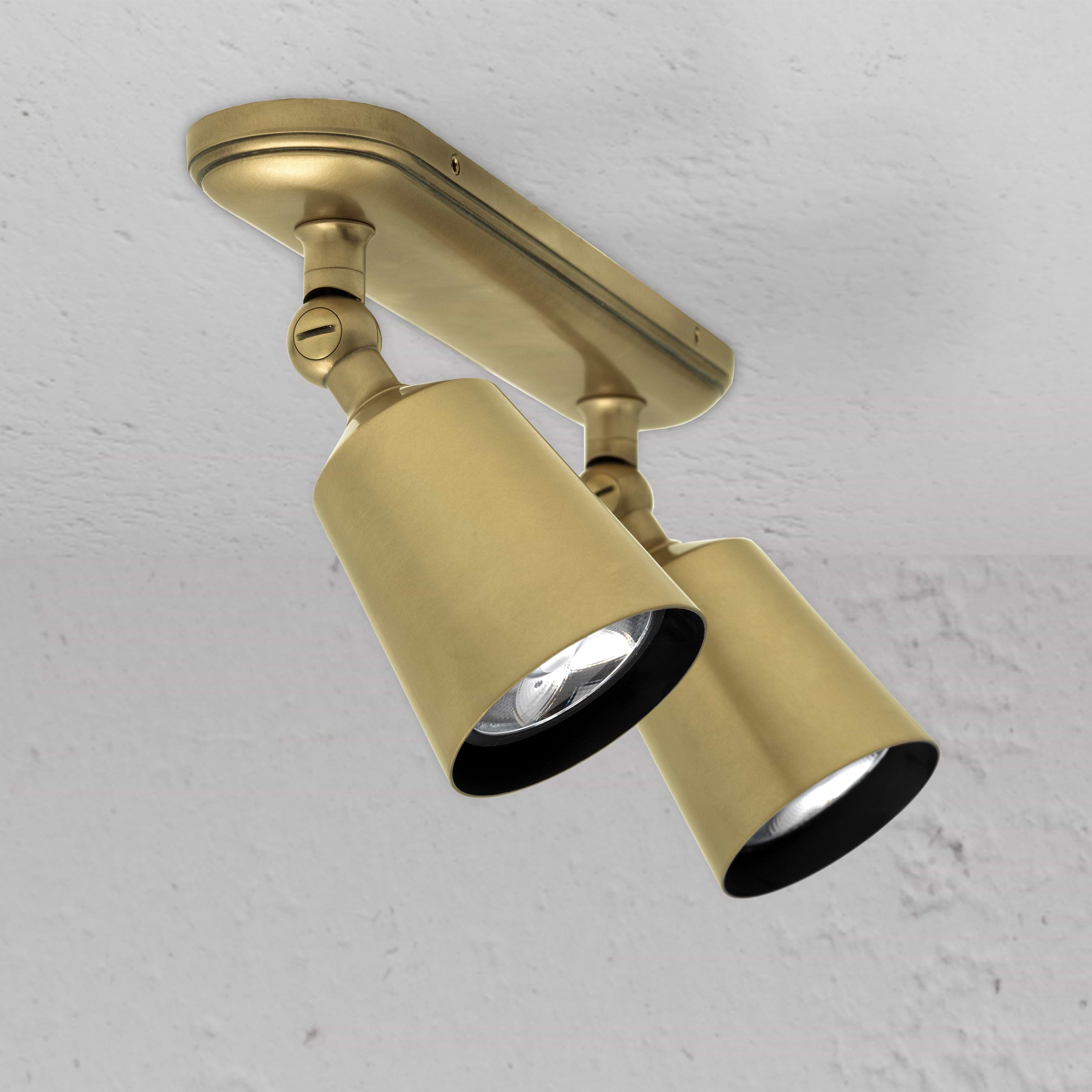 Antique Brass Designer Baylis Double Spotlight on White Background