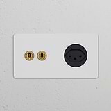 Double 2x Toggle Switch + Swiss Type J Power Module in Antique Brass Black on a paintable white wall background.