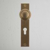 Poplar Long Plate Sprung Door Knob & Euro Lock Antique Brass Finish on White Background right Facing Front View