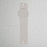 Onslow Long Plate Sprung Door Knob Polished Nickel Finish on White Background right Facing Front View