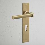 Harper Long Plate Sprung Door Handle & Euro Lock Antique Brass Finish on White Background at an Angle
