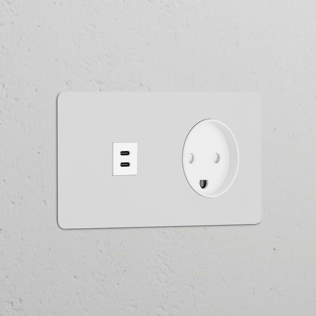 Round white power module with Danish Type K socket and dual USB 30W, part of Double Sockets & Modules.