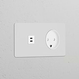 Round white power module with Danish Type K socket and dual USB 30W, part of Double Sockets & Modules.