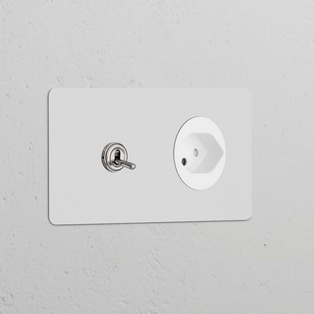 Double toggle switch & Swiss Type J power module in polished nickel white, wall-mounted on a white surface.