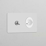 Double toggle switch & Swiss Type J power module in polished nickel white, wall-mounted on a white surface.