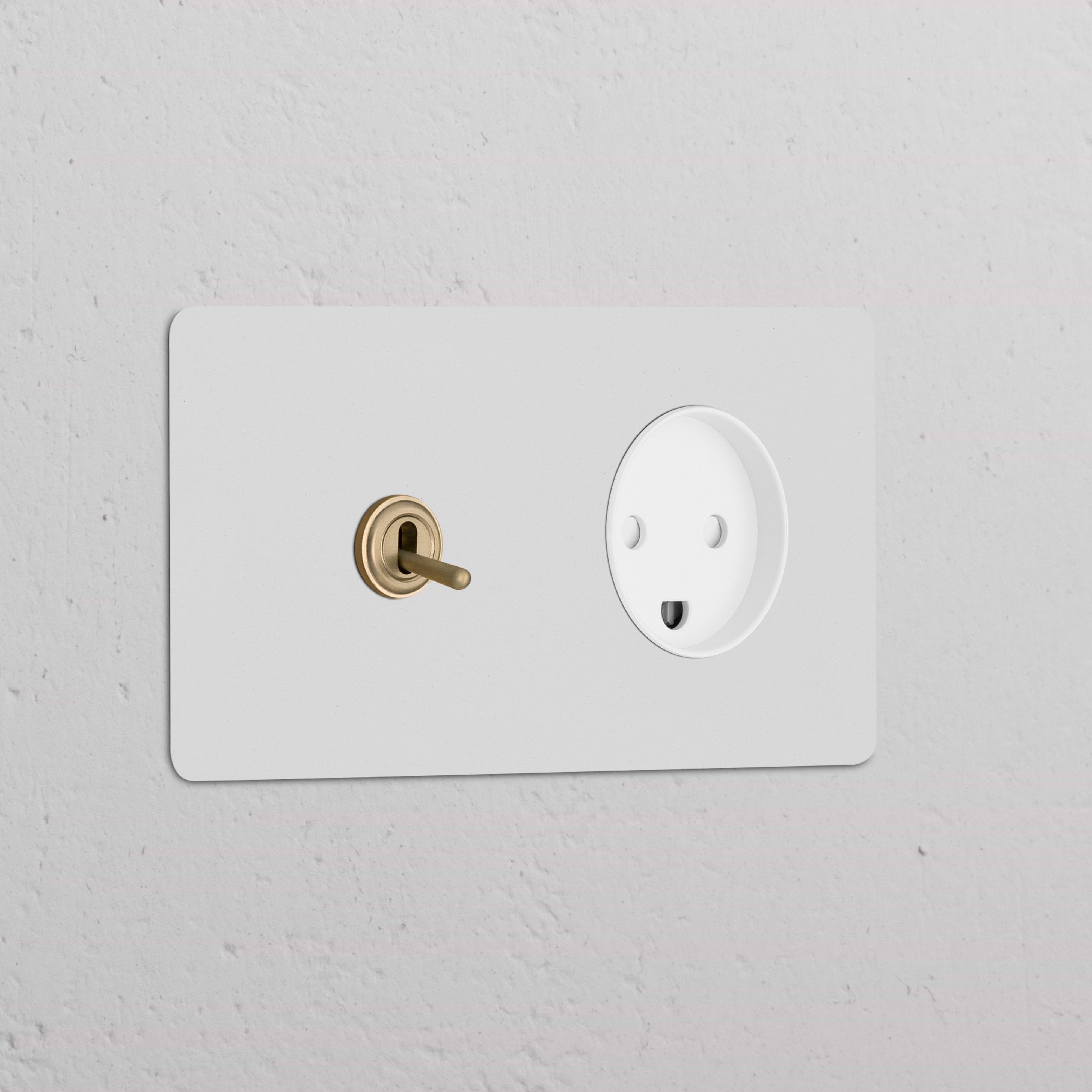 Double toggle switch and Danish Type K power module in antique brass, white finish, on a textured wall.