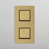 Vertical Double Rocker Switch, Antique Brass Black Style on White Background