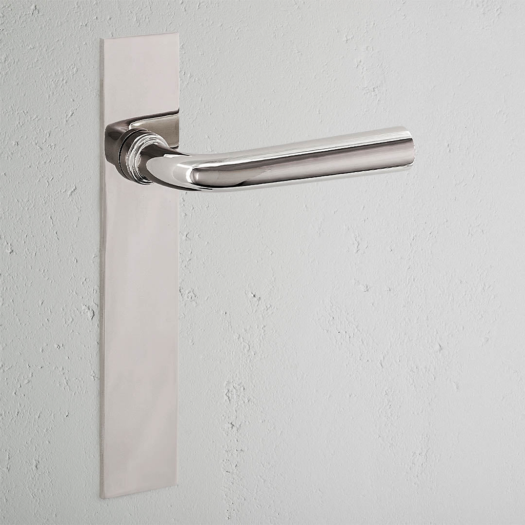 Apsley Long Plate Fixed Door Handle Polished Nickel Finish on White Background