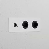 Triple Toggle Switch + 2x Swiss Type J Power Module in paintable bronze black, ideal for modular socket setups.