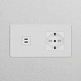 Paintable white module with double USB 30W port and Schuko/Bipasso power sockets.