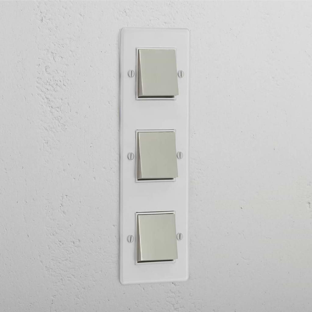 Vertical Triple Rocker Switch in Clear Polished Nickel White - Space-Saving Lighting Control System