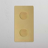 Vertical Double Dimmer Switch, Antique Brass Aesthetic on White Background