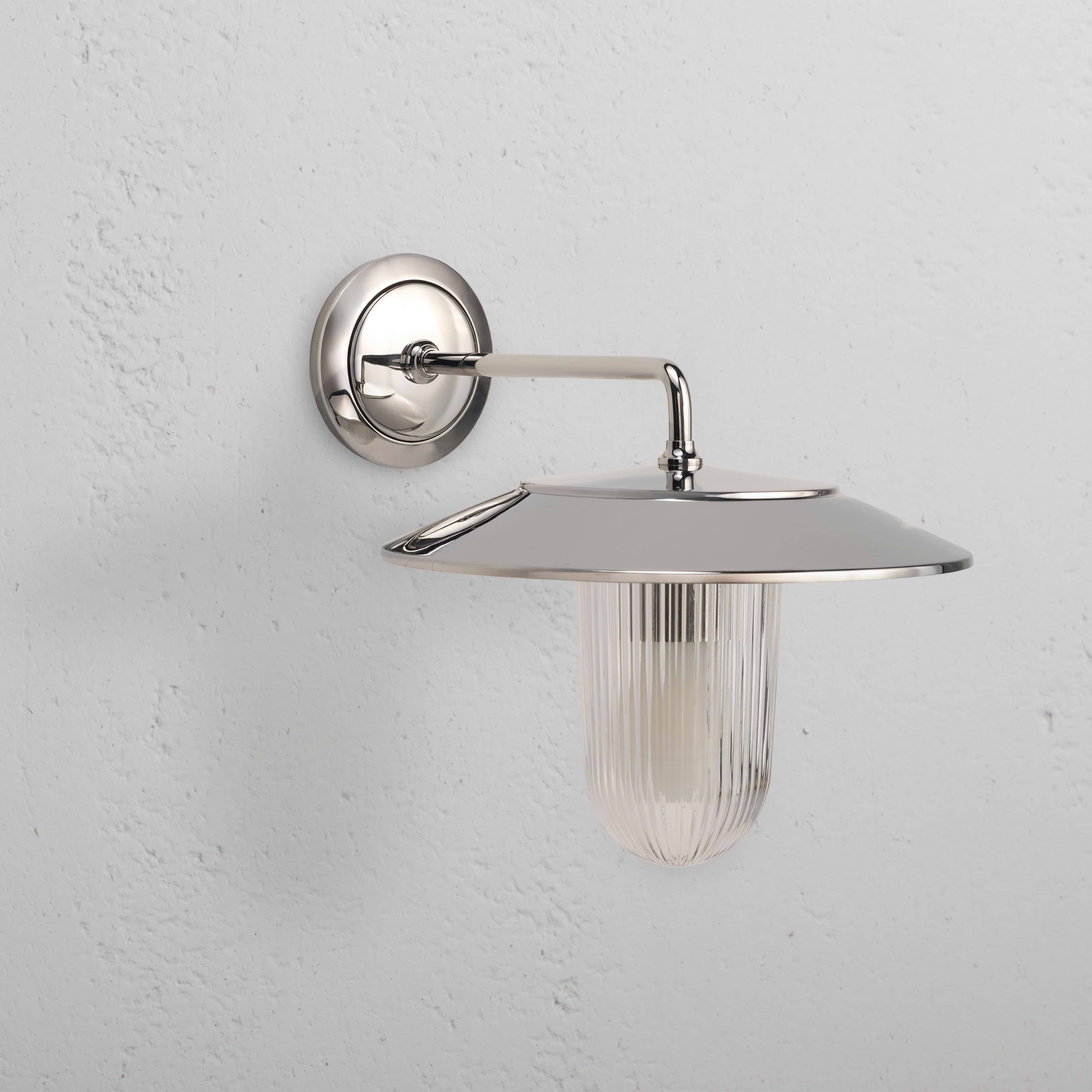 Kensington Wall Light Fluted Glass in polished nickel finish, medium wall light with ribbed glass shade.