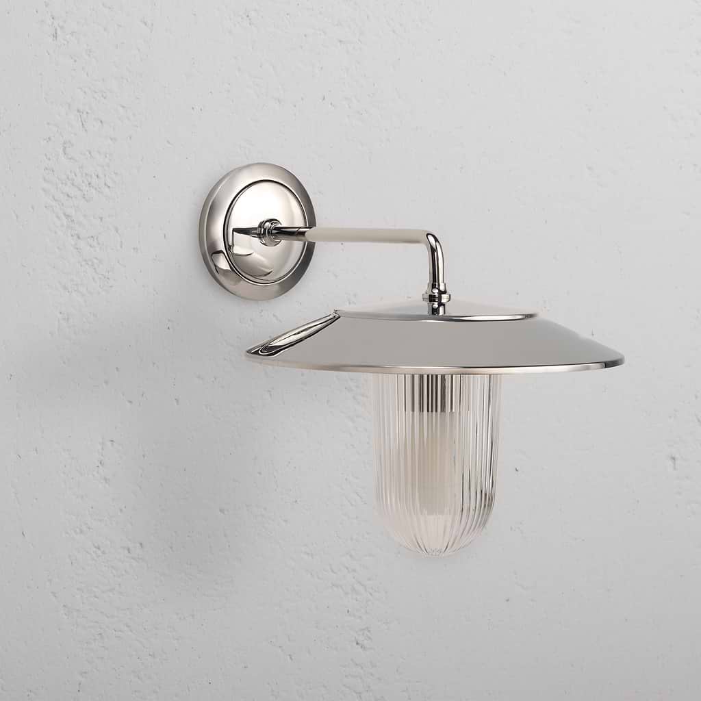 Kensington Wall Light Fluted Glass in polished nickel finish, medium wall light with ribbed glass shade.