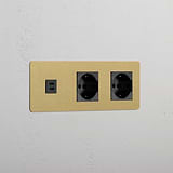 Triple USB 30W & 2x Schuko/Bipasso Module - Antique Brass Black