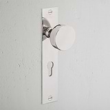 Onslow Long Plate Sprung Door Knob & Euro Lock Polished Nickel Finish on White Background at an Angle