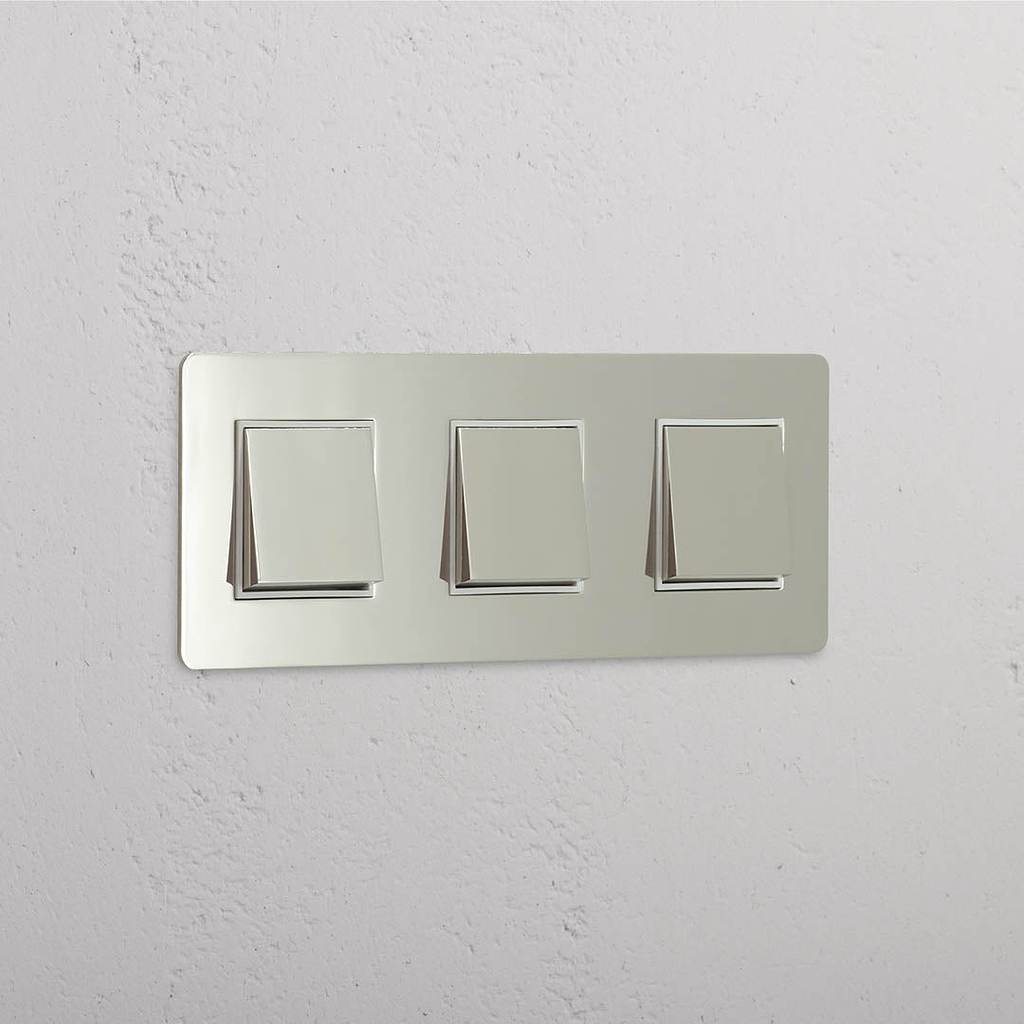 High Capacity Light Control Switch: Triple 3x Rocker Switch in Polished Nickel White