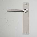 Apsley Long Plate Sprung Door Handle Polished Nickel Finish on White Background right Facing Front View