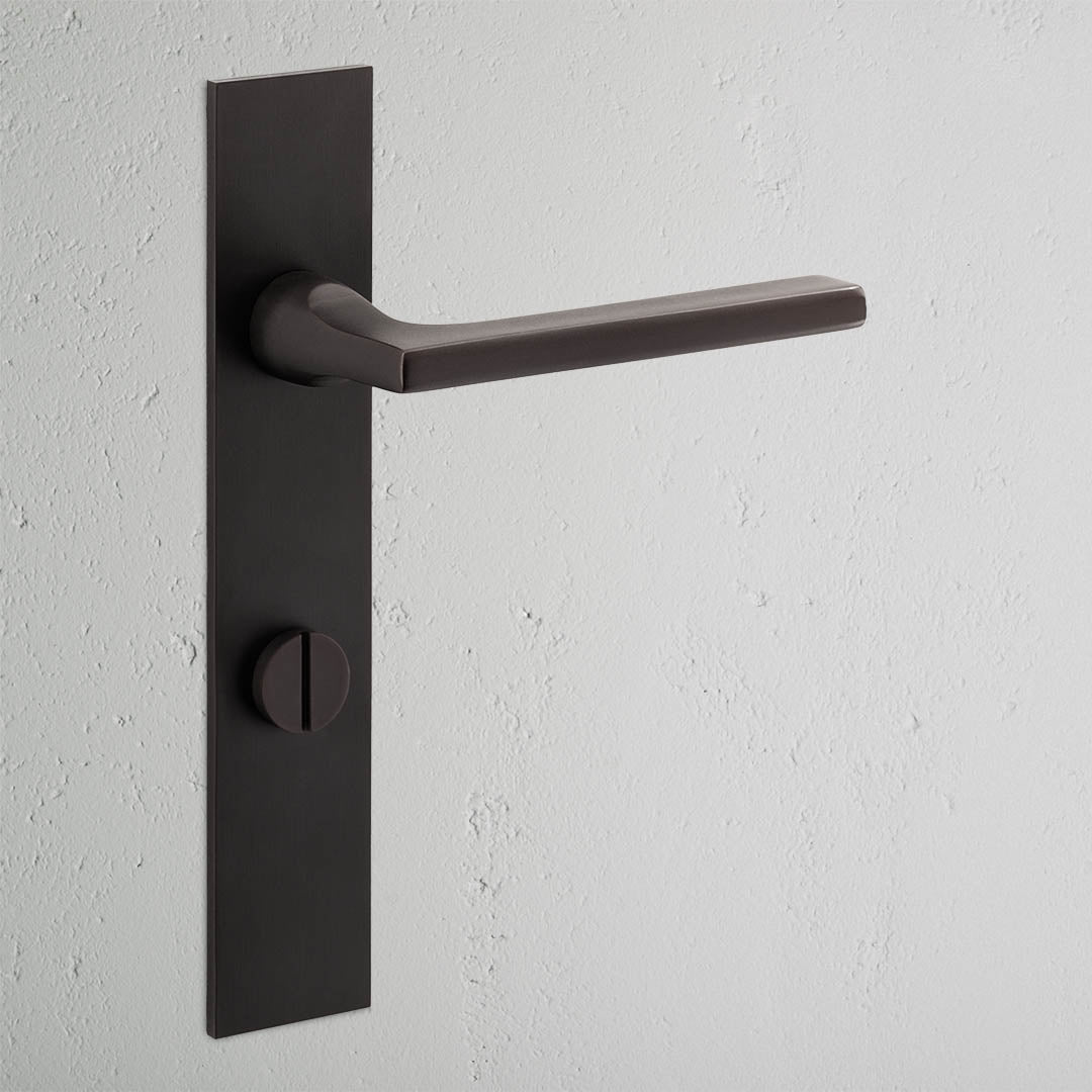 Clayton Long Plate Sprung Door Handle & Thumbturn Bronze Finish on White Background