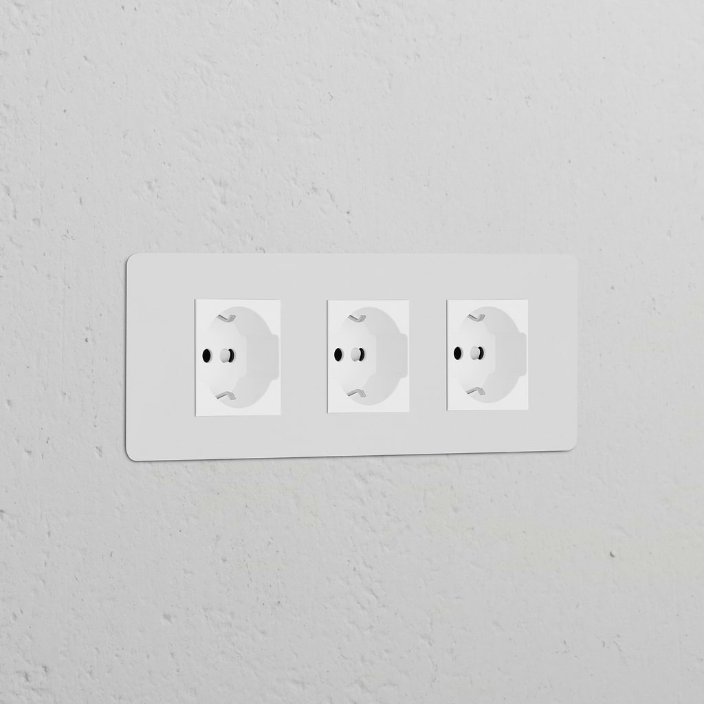 Triple 3x Schuko/Bipasso Power Module in paintable white, offering three versatile sockets for seamless integration.