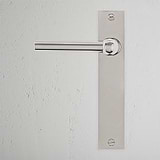 Harper Long Plate Sprung Door Handle Polished Nickel Finish on White Background right Facing Front View