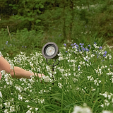 Bronze Cambridge Ground Floodlight installed outdoors among green grass and wildflowers.