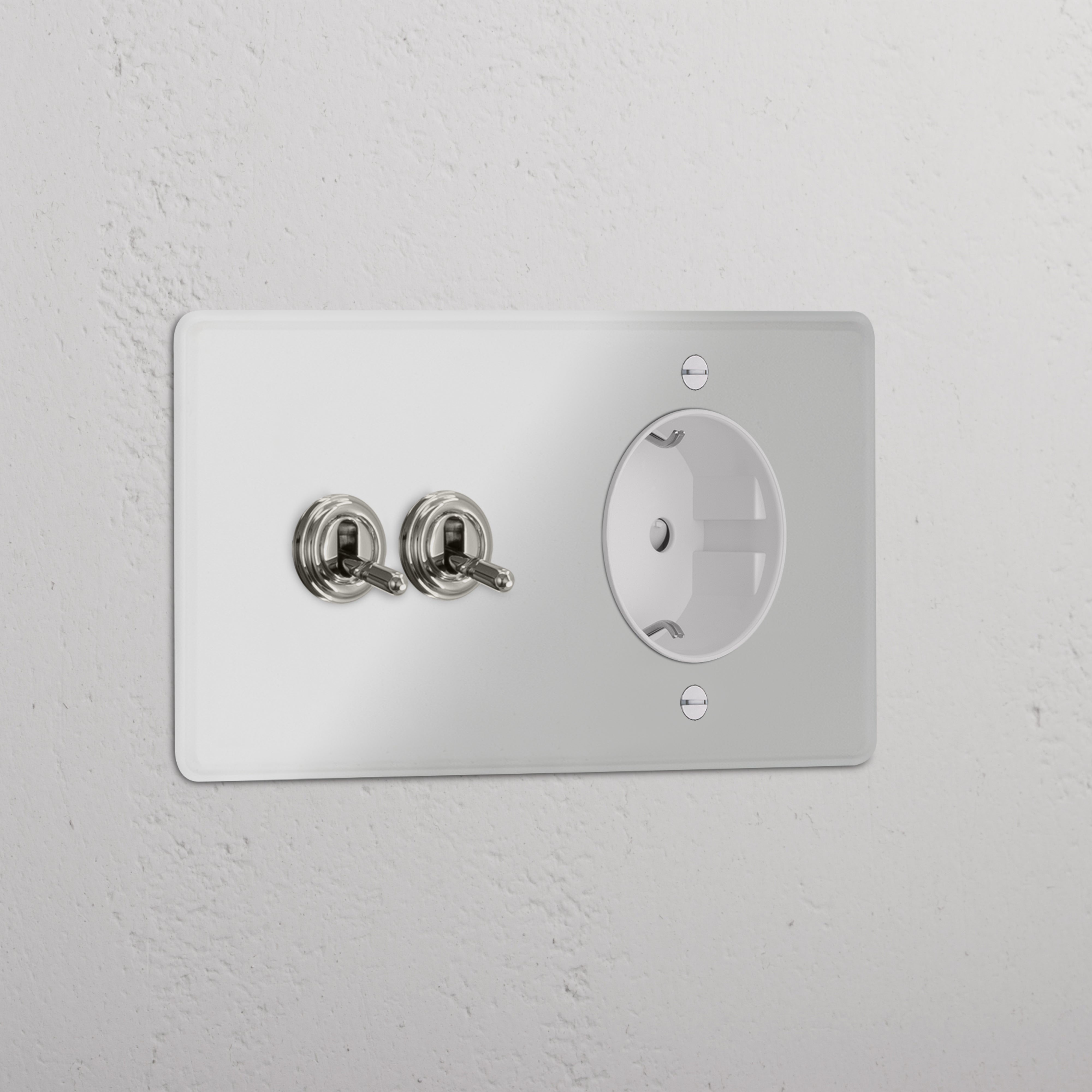 Double 2x Toggle & Schuko Module Round - Clear Polished Nickel White