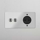 Double 2x Toggle & Schuko Module Round - Clear Polished Nickel Black 