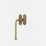 Left Southbank External Casement Window Handle Antique Brass Finish on White Background Front Facing