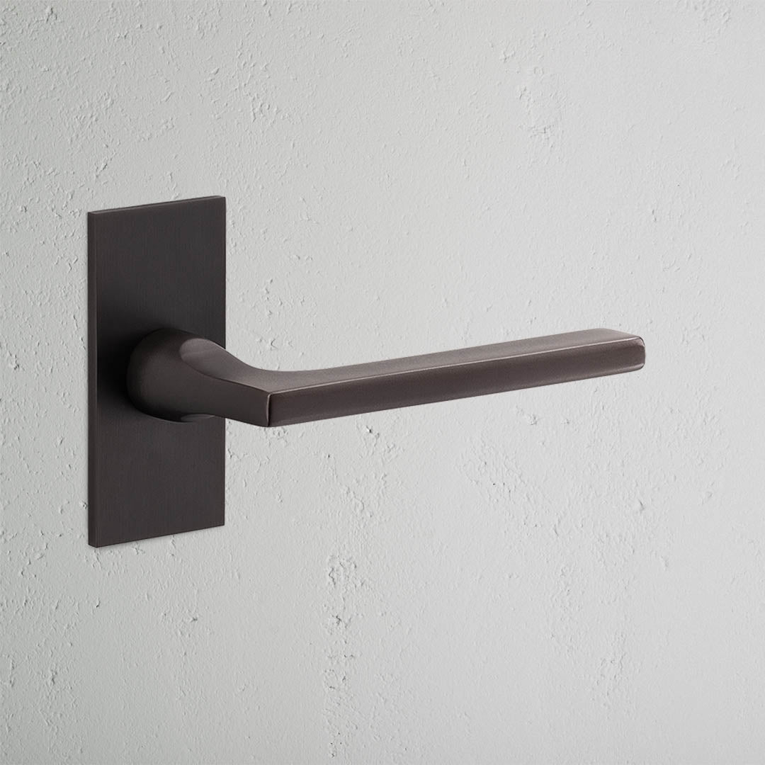 Clayton Short Plate Sprung Door Handle Bronze Finish on White Background