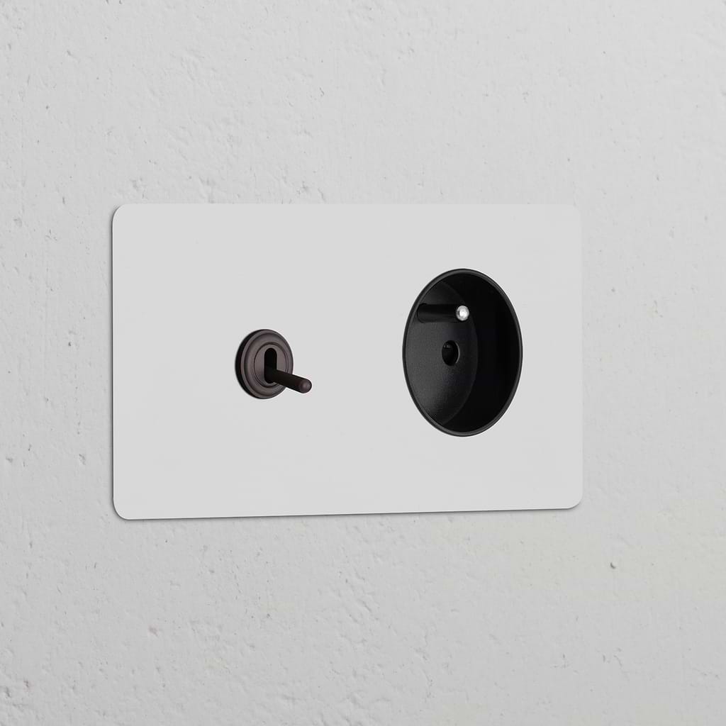 Double Toggle Switch and Type E Power Module Round in Paintable Bronze Black on a white textured wall.