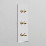 Triple 6x Vertical Toggle Switch Paintable Antique Brass on a white wall, combining style and function.