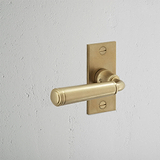 Digby Short Plate Fixed Door Handle Antique Brass Finish on White Background at an Angle