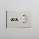 Double 2x Toggle & Schuko Module Round - Polished Nickel White 