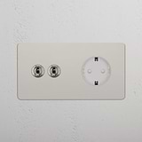 Double 2x Toggle & Schuko Module Round - Polished Nickel White 