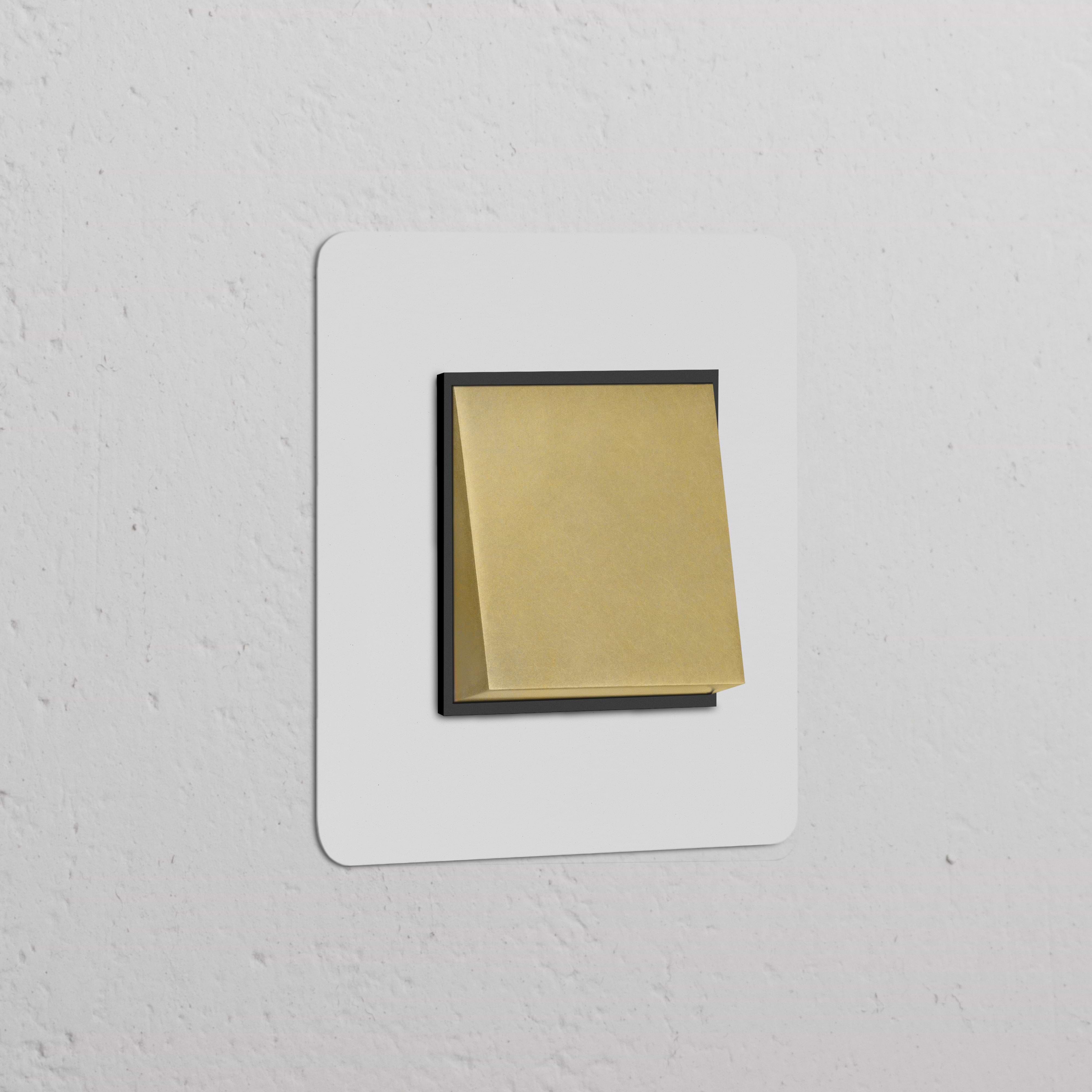 Single Rocker Switch (Ret) in paintable antique brass with black accents on a white wall.