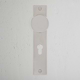 Onslow Long Plate Sprung Door Knob & Euro Lock Polished Nickel Finish on White Background right Facing Front View