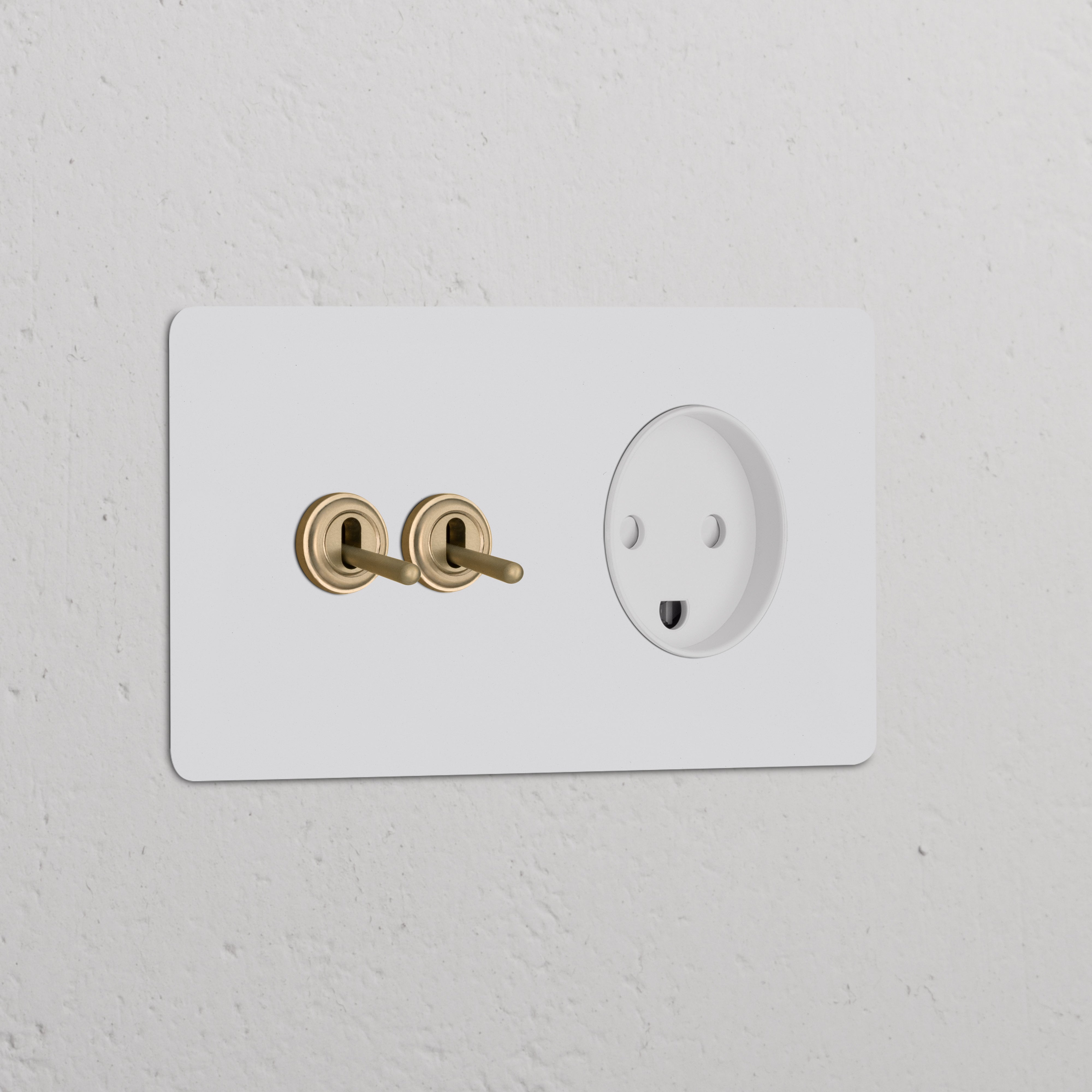 Paintable antique brass double toggle switch and Danish Type K power module on a white wall.