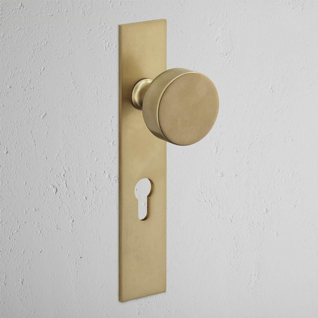 Onslow Long Plate Sprung Door Knob & Euro Lock Antique Brass Finish on White Background