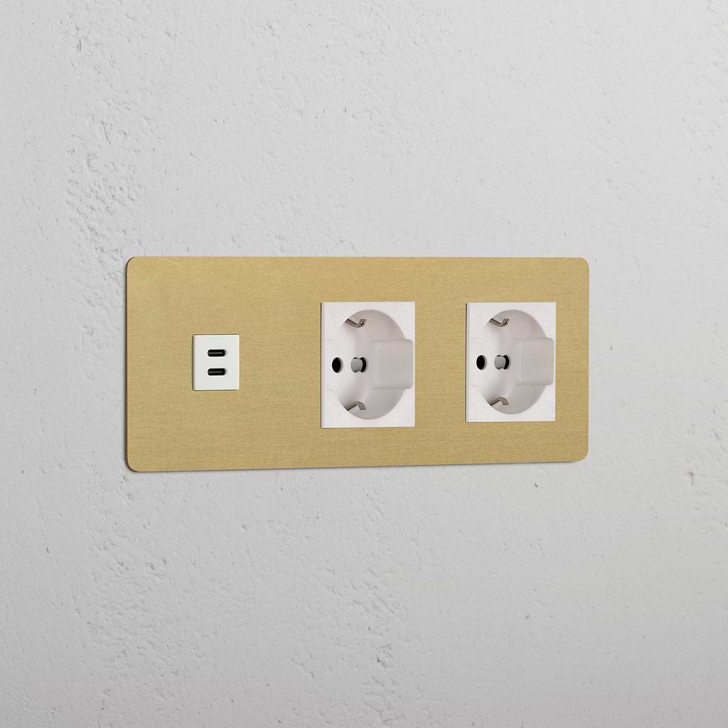 Triple USB 30W & 2x Schuko/Bipasso Module - Antique Brass White