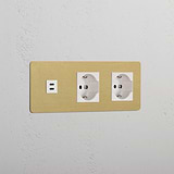 Triple USB 30W & 2x Schuko/Bipasso Module - Antique Brass White